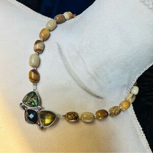 Handcrafted picture jasper goldstone faceted dome pendant necklace